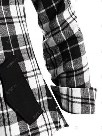 Double Zipper Plaid Pocket Hooded Shirt Jacket