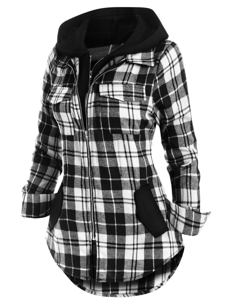 Double Zipper Plaid Pocket Hooded Shirt Jacket