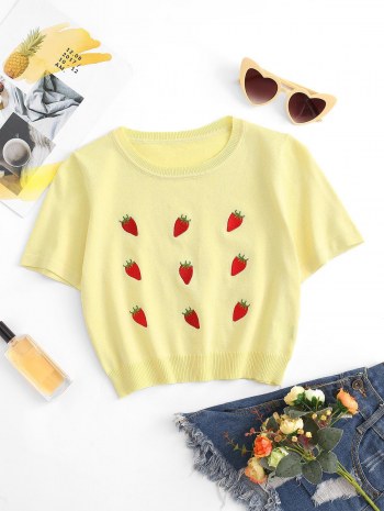 Embroidery Strawberry Knit Crop Tee