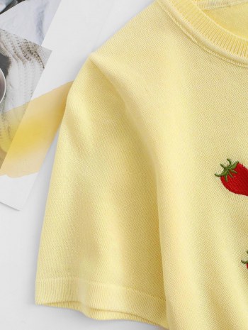 Embroidery Strawberry Knit Crop Tee
