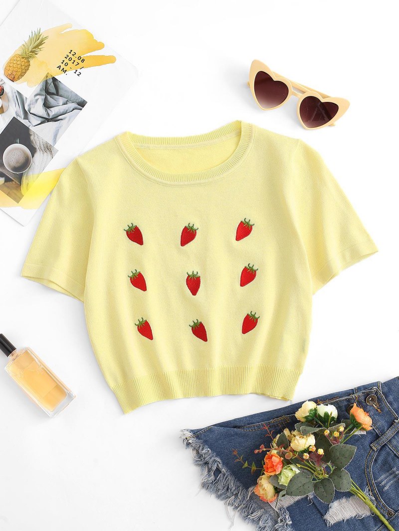 Embroidery Strawberry Knit Crop Tee