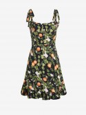 Floral Fruit Print Smocked Back Ruffle Hem Dress