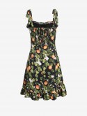Floral Fruit Print Smocked Back Ruffle Hem Dress