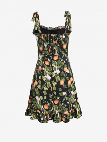 Floral Fruit Print Smocked Back Ruffle Hem Dress