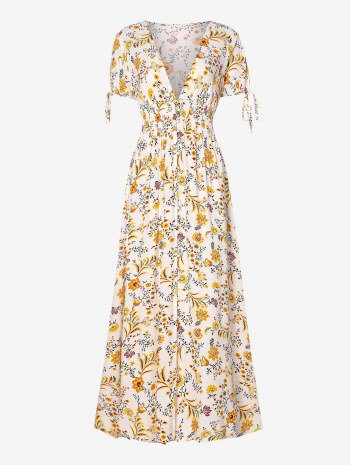 Floral Print Loop Button Smocked Waist Dress