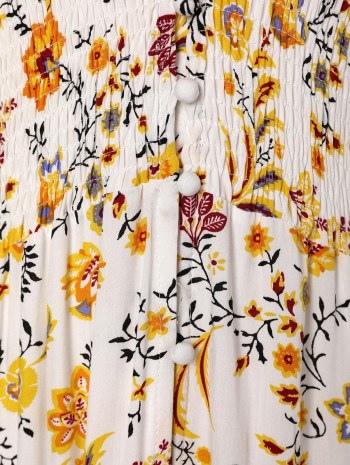 Floral Print Loop Button Smocked Waist Dress