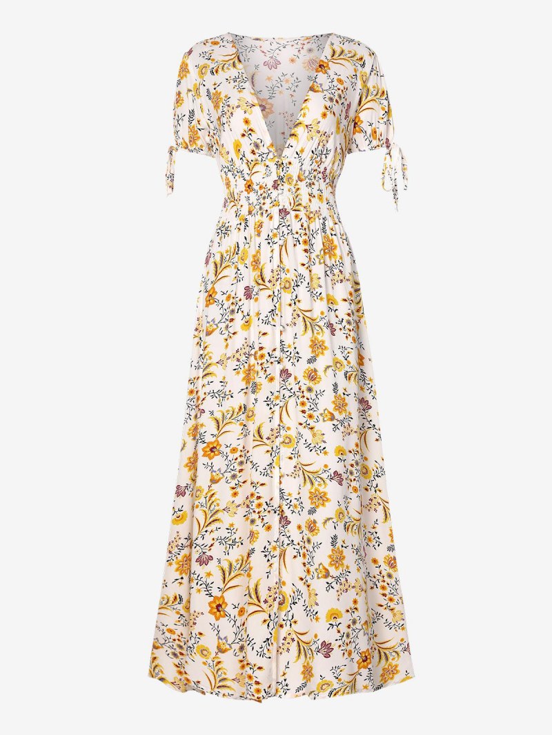 Floral Print Loop Button Smocked Waist Dress