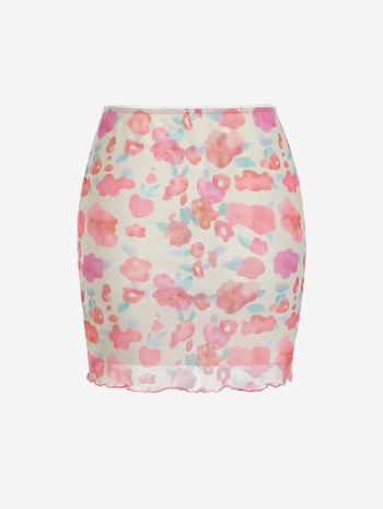 Floral Print Mesh Overlay Picot Trim Bodycon Skirt