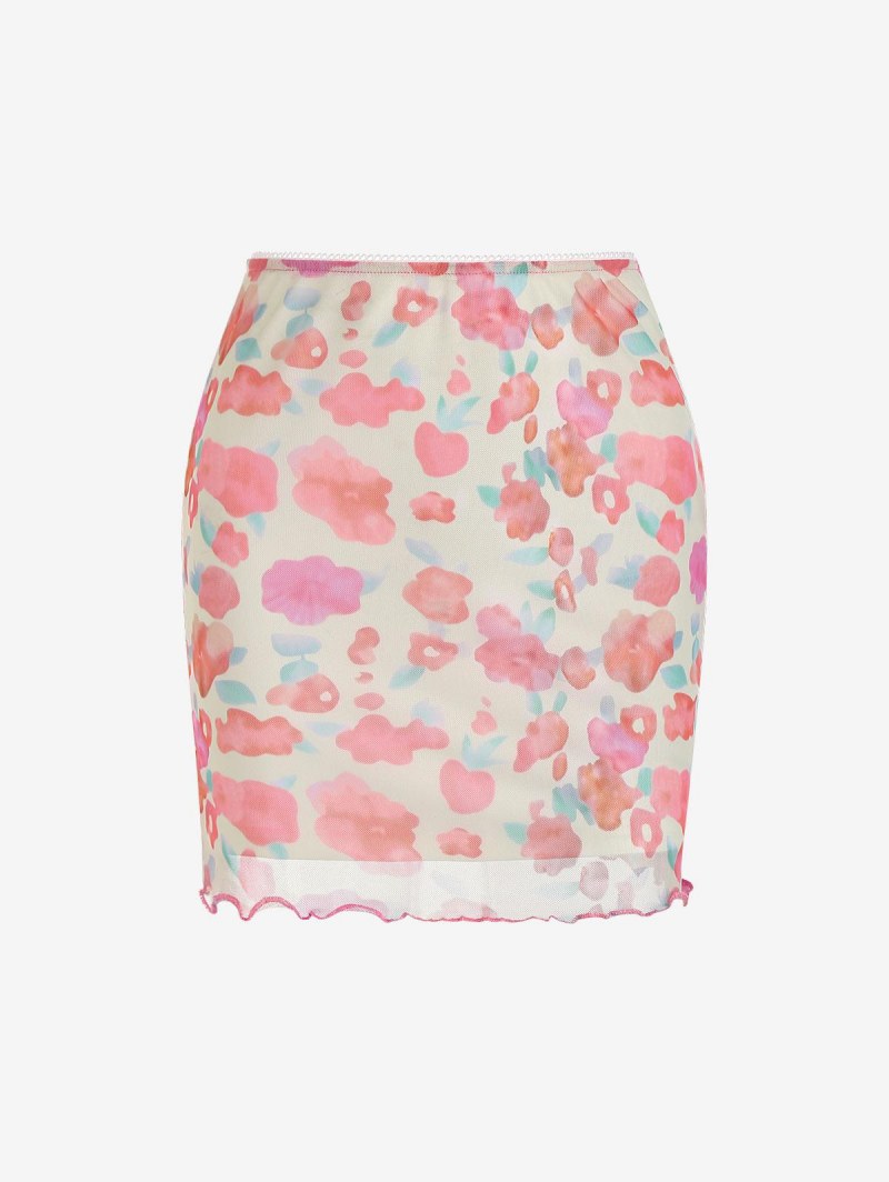 Floral Print Mesh Overlay Picot Trim Bodycon Skirt