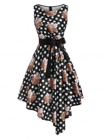 Floral Print Pleated Waist Belted Asymmetrical Dress