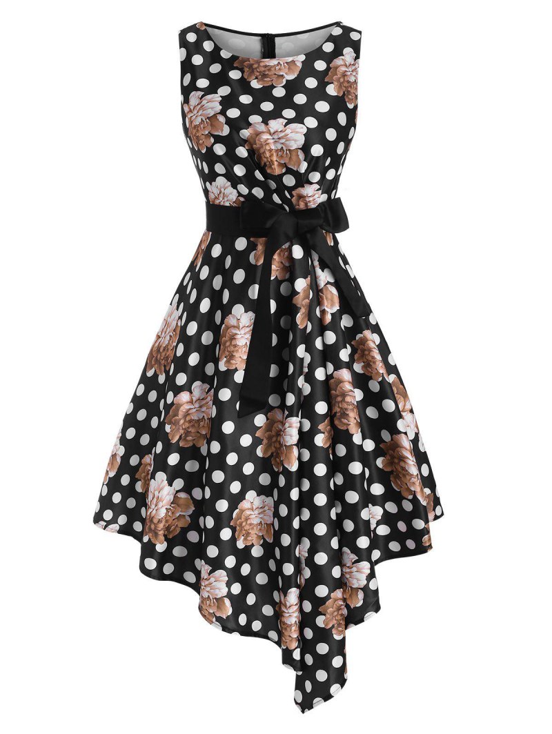 Floral Print Pleated Waist Belted Asymmetrical Dress