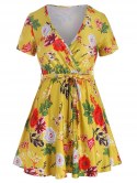 Floral Print Surplice Belted Dress