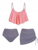 Flounce Overlay Striped Cinched Three Piece Tankini Swimwear