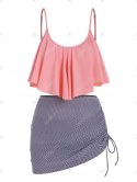 Flounce Overlay Striped Cinched Three Piece Tankini Swimwear