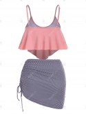 Flounce Overlay Striped Cinched Three Piece Tankini Swimwear