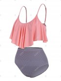Flounce Overlay Striped Cinched Three Piece Tankini Swimwear