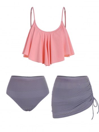 Flounce Overlay Striped Cinched Three Piece Tankini Swimwear