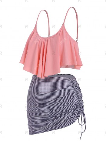 Flounce Overlay Striped Cinched Three Piece Tankini Swimwear