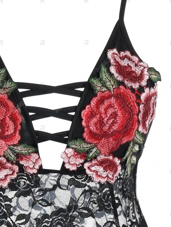 Flower Embroidered Criss-cross Bowknot Lace Babydoll