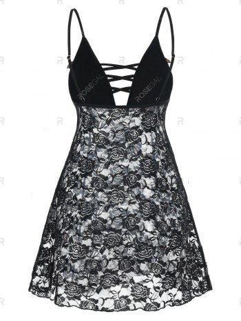 Flower Embroidered Criss-cross Bowknot Lace Babydoll