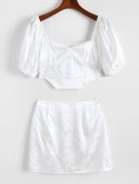 Flower Jacquard Smocked Satin Puff Sleeve Mini Skirt Set
