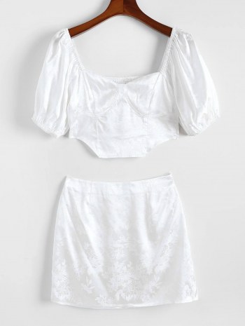 Flower Jacquard Smocked Satin Puff Sleeve Mini Skirt Set