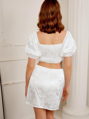 Flower Jacquard Smocked Satin Puff Sleeve Mini Skirt Set