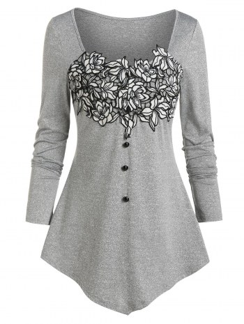 Flower Lace Panel Pointed Hem T-shirt