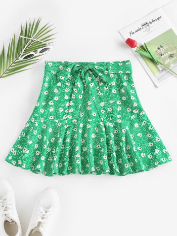 Flower Print Flounce Hem Belted Mini Skirt