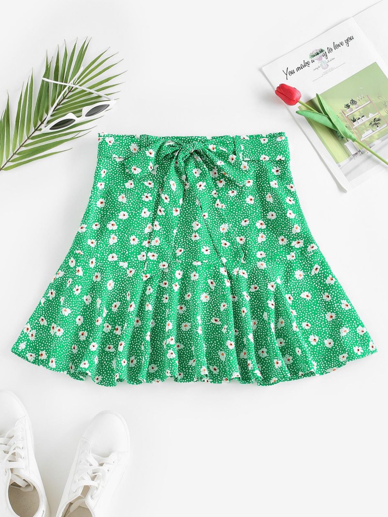 Flower Print Flounce Hem Belted Mini Skirt