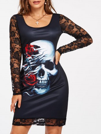 Flower Print Lace Insert Bodycon Dress