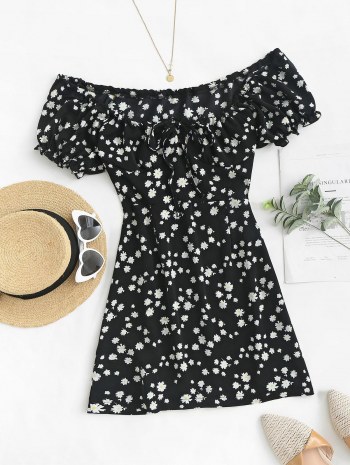 Flower Print Puff Sleeve Mini Dress