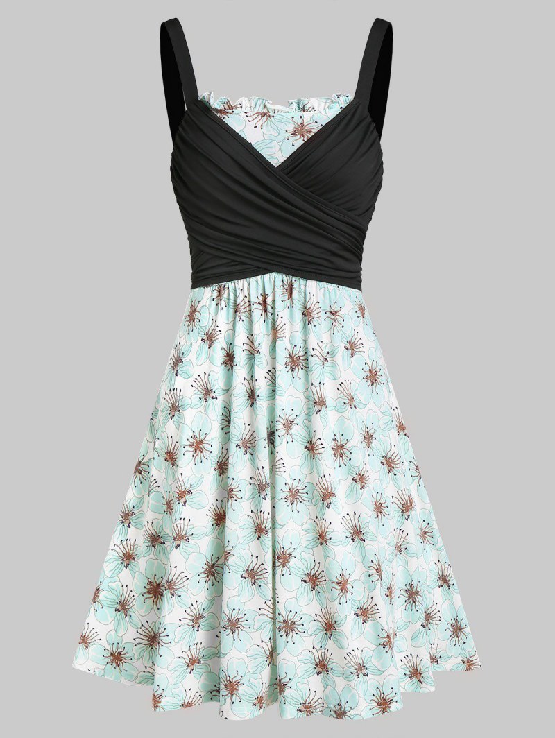 Flower Print Ruched A Line Wrap Dress