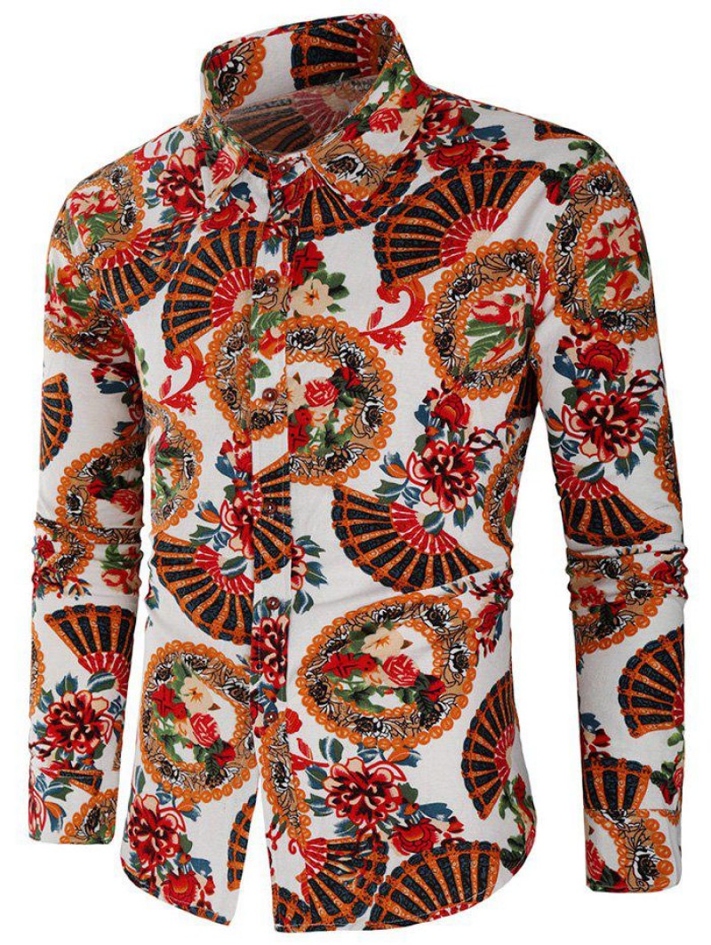 Flowers Fan Print Long Sleeves Shirt