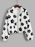 Fluffy Floral Graphic Faux Fur Jacket
