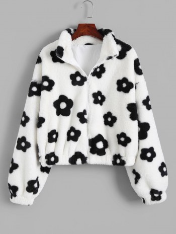 Fluffy Floral Graphic Faux Fur Jacket