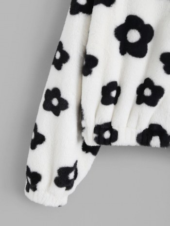 Fluffy Floral Graphic Faux Fur Jacket
