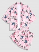 Flying Crane Butterfly Print Kimono Cardigan Shirt And Shorts Set