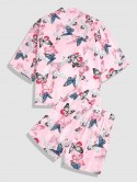 Flying Crane Butterfly Print Kimono Cardigan Shirt And Shorts Set