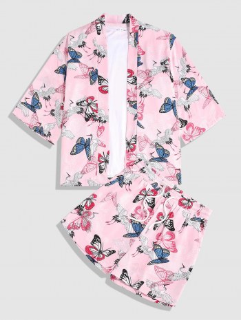 Flying Crane Butterfly Print Kimono Cardigan Shirt And Shorts Set