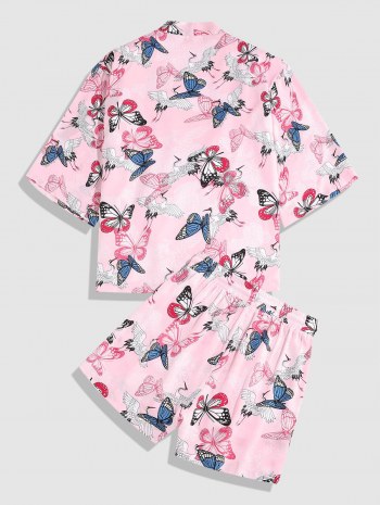 Flying Crane Butterfly Print Kimono Cardigan Shirt And Shorts Set