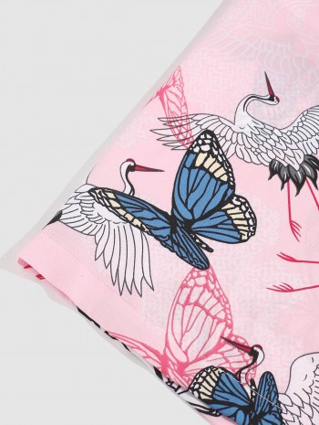 Flying Crane Butterfly Print Kimono Cardigan Shirt And Shorts Set
