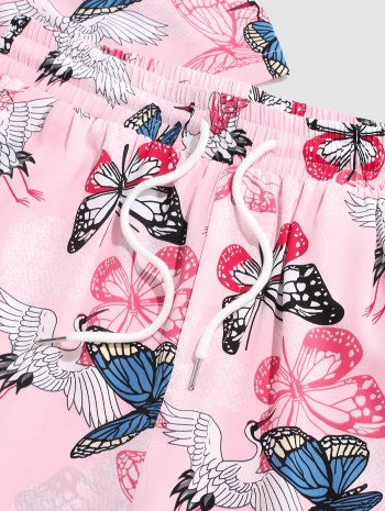Flying Crane Butterfly Print Kimono Cardigan Shirt And Shorts Set