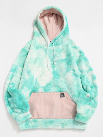 Front Pocket Applique Tie Dye Faux Fur Fluffy Hoodie
