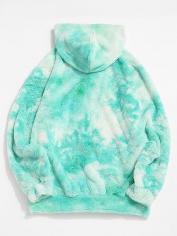 Front Pocket Applique Tie Dye Faux Fur Fluffy Hoodie