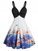 Front Twist Floral Butterfly Print Dress