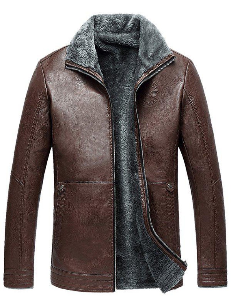 Full Zip Flocking Faux Leather Jacket