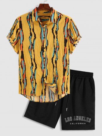 Geometric Stripe Print Shirt And Letter Printed Shorts Set