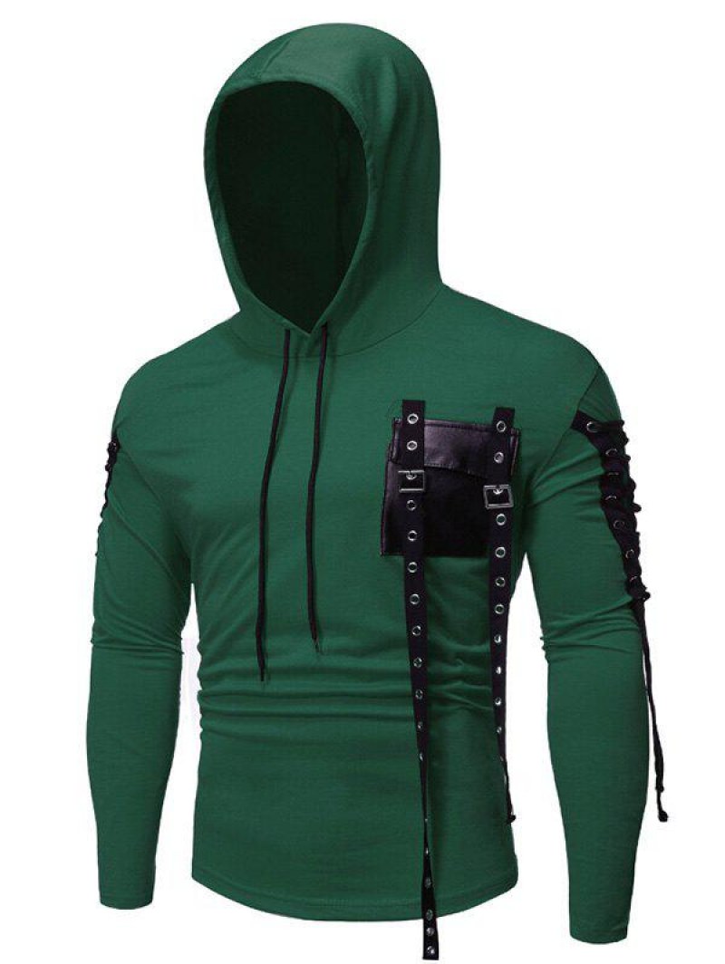 Gothic Grommet Lace Up Sleeve Pu Chest Hoodie
