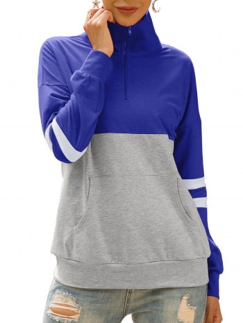 Half Zip Striped Drop Shoulder Kangaroo Pocket Sweatshirt